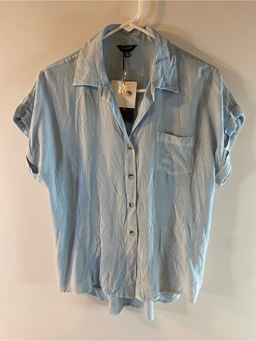 NWT Sim & Sam 100% Rayon Cap Sleeve Full Front Button Bleach Washed Blue Shirt